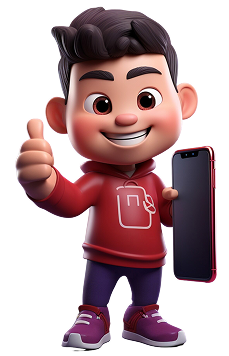 Friendly character holding a phone