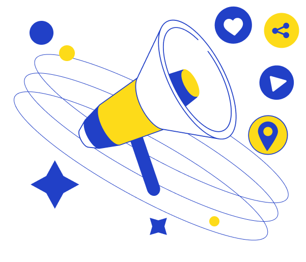 Social media megaphone illustration with community icons